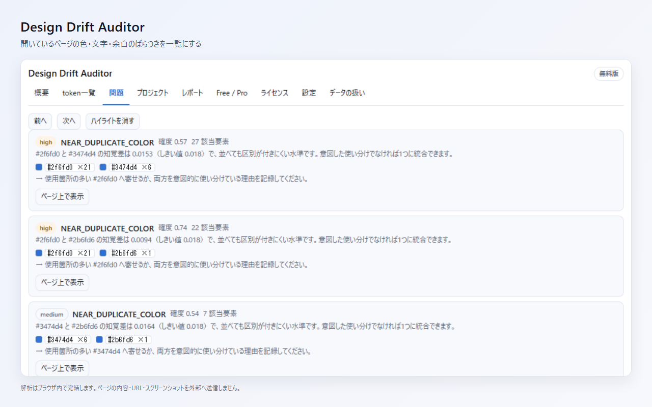 Design Drift Auditorが検出したデザインのばらつきを一覧表示している画面